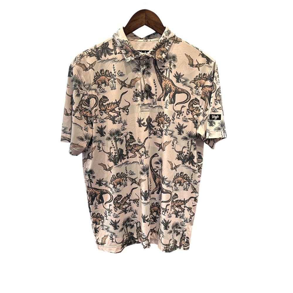 Waggle Golf Men Medium Dinosaur Performance Polo Shirt Tan Prehistoric Print M - Picture 3 of 6